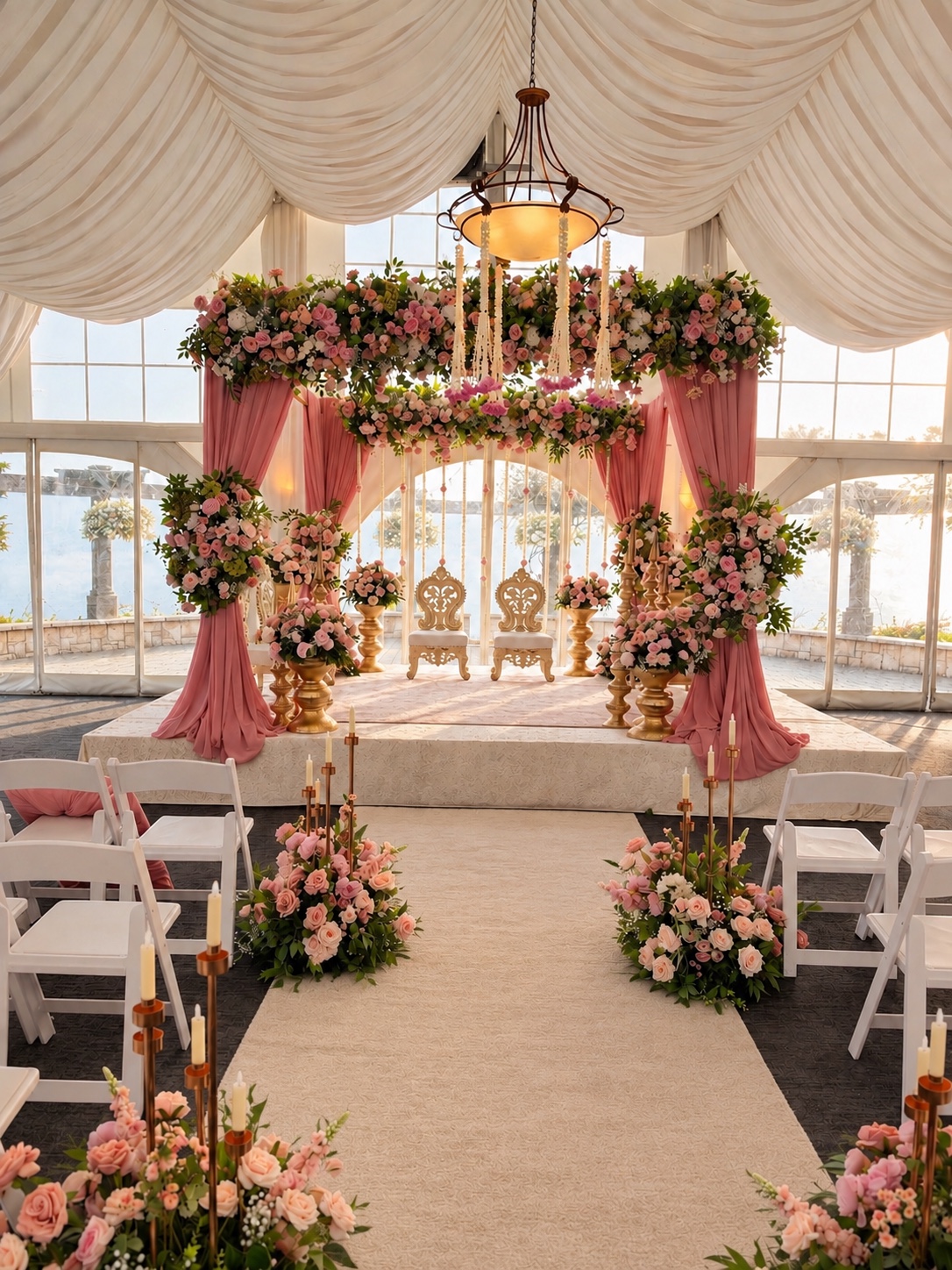 Pink floral mandap beneath ivory ceiling draping, with a candle-lined aisle